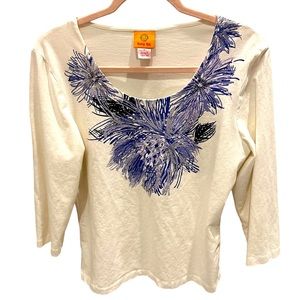 Ruby Rd. Women’s Casual Blouse Blue Tan Summer Print Sleeve Medium